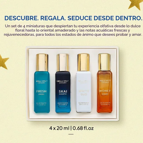 Miniatura 5 de BellaVita - Juego de regalo de colonia unisex de lujo (4 x 0.7 fl oz), fragancias que incluyen Honey OUD, SKAI, FRESH & White OUD Mini perfumes
