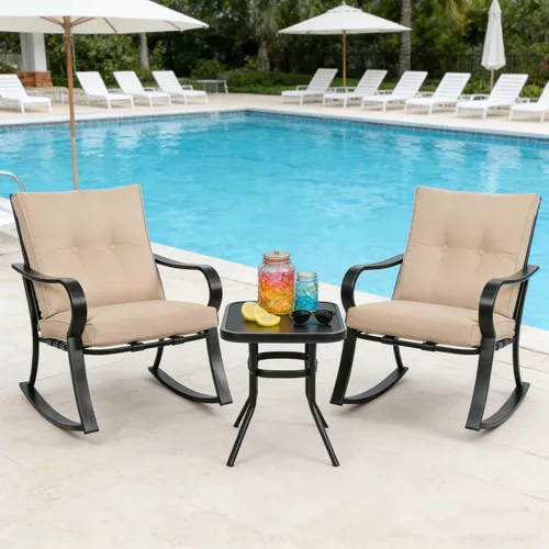 Miniatura 5 de SUNCROWN Juego de 3 sillas mecedoras para exteriores, muebles de acero negro con cojín grueso y mesa de centro con tapa de cristal, color marrón
