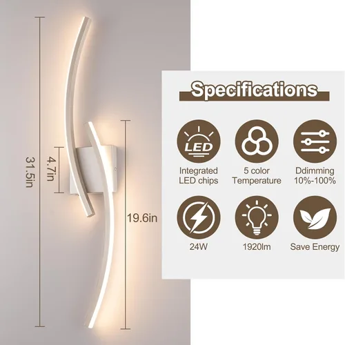 Miniatura 7 de Lámpara de pared moderna cableada de 3000 ~ 6000 K, lámpara de pared LED plateada de 31.5 pulgadas, luces de pared de níquel cepillado