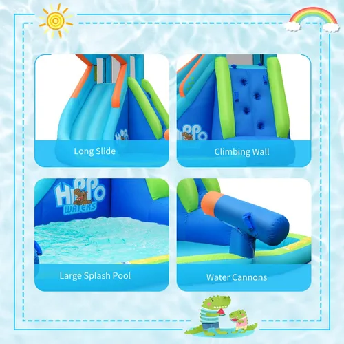Miniatura 2 de HONEY JOY Tobogán acuático inflable, tema hipopótamo, parque acuático, casa de rebote para patio trasero, pared de escalada y tobogán, toboganes