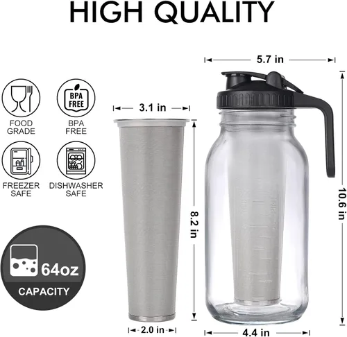 Miniatura 2 de Cafetera helada en tarro de cerveza fría, vidrio duradero, 64 onzas (2 cuartos de galón/1.9 litros), con asa y filtro de acero inoxidable para café