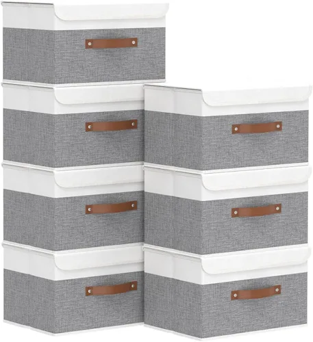 Miniatura 26 de Yawinhe SNK024BEN-1 Cajas de almacenamiento plegables, cestas apilables de tela de lino, contenedor con tapa y asa de cuero, lavable, para el hogar