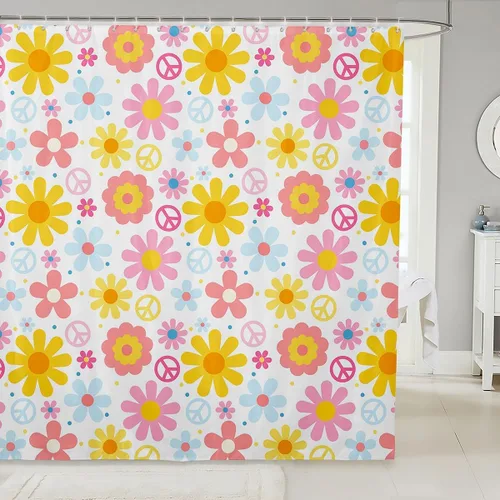 Miniatura 36 de Cortina de baño de flores de margarita para niños y niñas, cortina de ducha floral para decoración de baño, 72 x 72 pulgadas, retro, floral