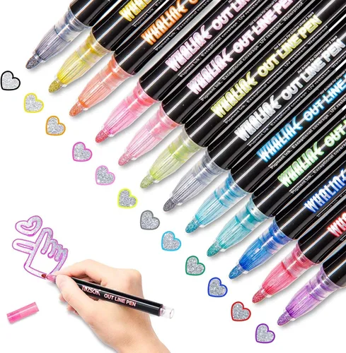 Whaline - Rotuladores metálicos de doble línea (12 colores), diseño metálico. Bolígrafos, marcadores con brillantina, para escritura y dibujo, para