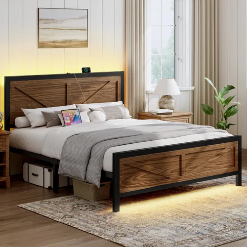 Miniatura 3 de Marco de cama rústico de tamaño completo con cabecero de puerta de granero, marco de cama LED con estación de carga, marcos de cama de plataforma
