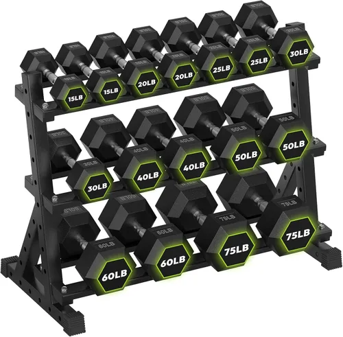 Miniatura 14 de HANDBODE Soporte para mancuernas de 3 niveles, estante de almacenamiento de capacidad de 1000 libras, estante de pesas para mancuernas, pesas rusas