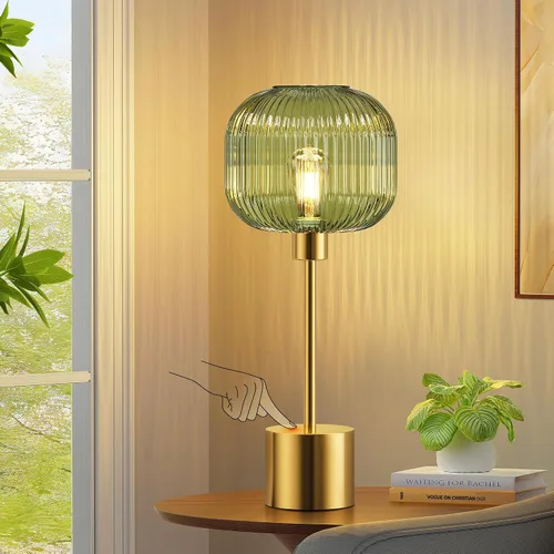 QiMH - Lámpara de mesa de vidrio para sala de estar, lámpara de mesita moderna con pantalla de vidrio acanalada verde, lámpara de mesita de noche