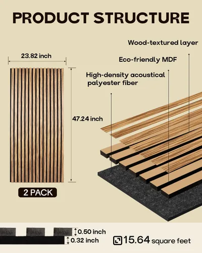 Miniatura 2 de Panel de pared de listones de madera, 2 paneles de madera insonorizados para pared y techo, paneles de pared de madera de 47.2 x 23.8 pulgadas