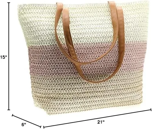 Miniatura 8 de Bolso grande de paja para mujer, tejido de ratán, bolso de playa de verano, a rayas