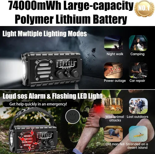 Miniatura 4 de Radio de emergencia con manivela de 20000 mAh, radio meteorológica SW/NOAA/AM/FM, cargador de manivela alimentado por energía solar con batería