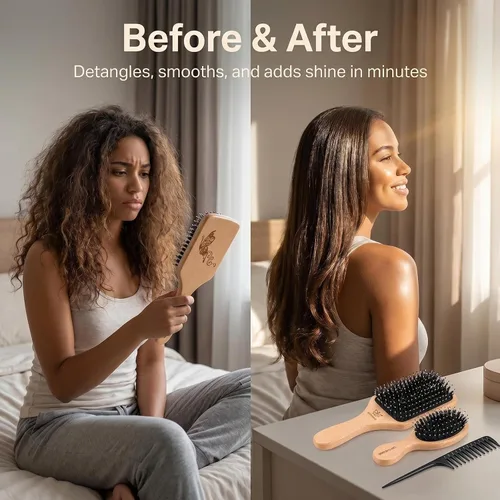 Miniatura 4 de Juego de cepillo y peine de cerdas de jabalí para mujeres, hombres y niños, el mejor cepillo de pelo de paleta de madera natural y cepillo