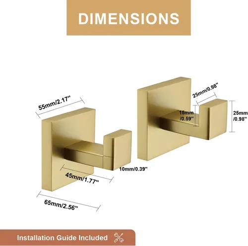 Miniatura 6 de TASTOS Ganchos para Toallas de Baño Dorados Cepillados, Paquete de 2 Ganchos de Acero Inoxidable para Abrigatos y Ropa, Gancho de Pared Resistente