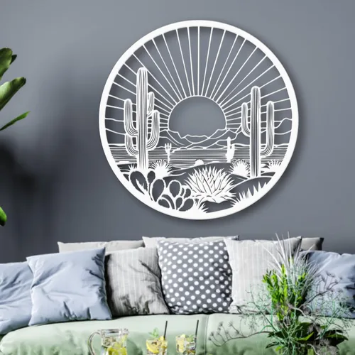 Miniatura 7 de Arte de pared de metal de cactus del desierto, decoración de pared redonda del desierto con diseño de cactus y puesta de sol, arte de pared de metal