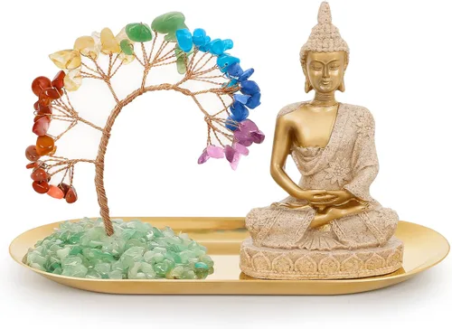 INNOLITES Juego de 7 chakras de árbol de cristal y estatua de Buda, decoración de meditación de yoga, árbol del dinero y estatuas de Buda para el