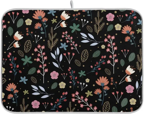 Tapete de secado de platos de flores de fondo negro para encimera de cocina de 18 x 24 pulgadas, tapete de microfibra absorbente, tapete de secado