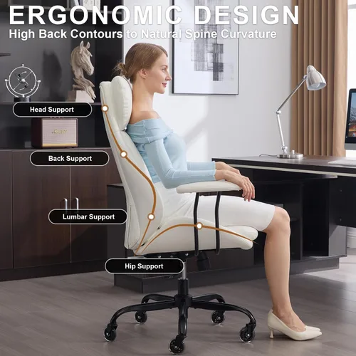Miniatura 3 de E-Motie Silla de escritorio para oficina en casa, silla de computadora ergonómica con soporte lumbar, altura ajustable, con ruedas de PU, silla