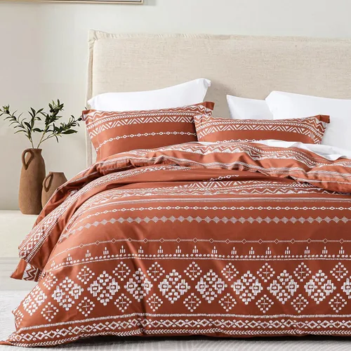 Bedduvit Juego de funda de edredón bohemia tamaño Queen, 100% algodón, 3 piezas, suave y transpirable, color naranja quemado, funda de edredón de