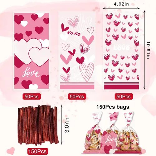 Miniatura 2 de Threetols 150 bolsas de celofán para el día de San Valentín, bolsas de celofán con corazón rojo, bolsas de regalo transparentes de San Valentín, VN