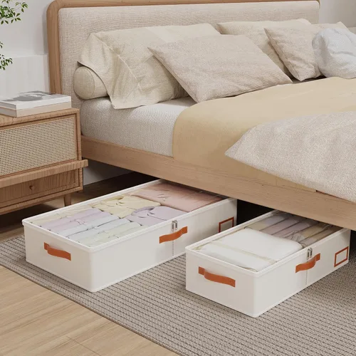 Miniatura 3 de Yawinhe Almacenamiento debajo de la cama, paquete de 2 organizadores de armario, bolsas plegables para contenedores, con ranura para tarjeta de Beige