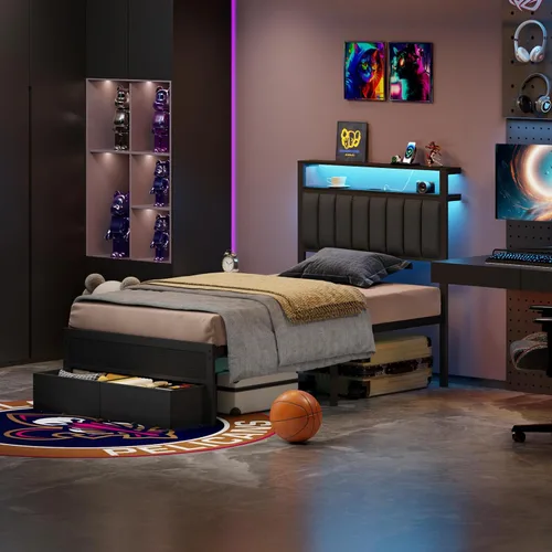 Miniatura 3 de Furnulem Bases de Cama Individual con Estación de Carga y Luces LED, Cabecero Tapizado Gris con Estantes, Cama de Plataforma de Metal con 2