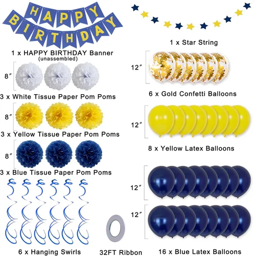 Miniatura 3 de Xourspaty Decoraciones de cumpleaños, suministros de fiesta de cumpleaños, banderines para hombres y mujeres, azul marino, amarillo, confeti, globos