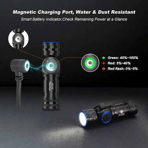 Miniatura 6 de Brinyte HL16 Linterna frontal LED recargable, linterna EDC ajustable de 0-90°, faro de 520 lúmenes con base magnética y carga, luz impermeable IP66