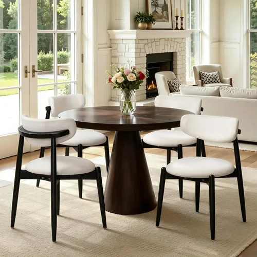 Miniatura 18 de CHUN YI Juego de 2 sillas de comedor tapizadas de madera maciza, sillas auxiliares de cocina de tela moderna de mediados de siglo con respaldo Beige