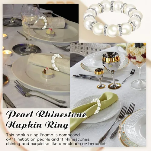 Miniatura 4 de 50 servilleteros de perlas – plata elástica estirada con diamantes de imitación de serviette hebilla de resorte con cuentas para fiesta de Acción