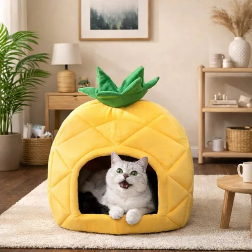 Miniatura 4 de Hollypet Cama para gatos autocalentable para gatitos, cabaña, nido de mascotas, cama para dormir para gatos de interior, amarillo, cueva de piña