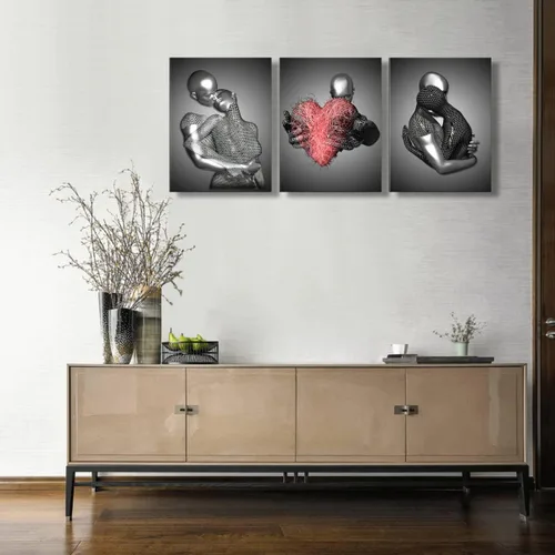 Miniatura 5 de 3 piezas enmarcadas de arte de pared 3D de corazón de amor, escultura de metal, romántica pareja, impresiones de arte abstracto, pósteres