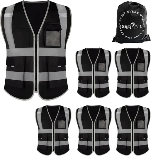 Chaleco de trabajo reflectante de seguridad, paquete de 6 para hombres y mujeres, con 8 bolsillos y cremallera, ropa exterior de construcción de