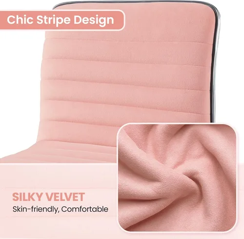 Miniatura 4 de Yaheetech Silla de tocador de respaldo bajo sin brazos de terciopelo acanalado, altura ajustable, giratoria, para oficina, color rosa albaricoque