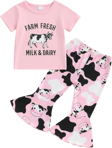 Miniatura 92 de fhutpw Conjunto de camiseta de manga corta con estampado de vaca y pantalones acampanados de dibujos animados para niñas