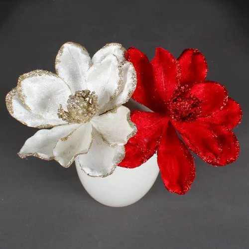 Miniatura 5 de vctops 10 unidades de flores artificiales con purpurina para corona de árbol de Navidad, adornos de bricolaje de 6.3 pulgadas, flores falsas