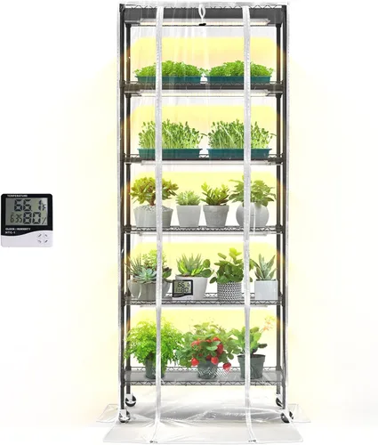 Bstrip Invernadero de interior con luz de cultivo, estante para plantas DIY con cubierta, soporte para plantas de 6 niveles, paquete de 5 luces de