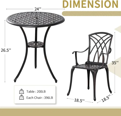 Miniatura 4 de Juego de 3 piezas de bistró para patio al aire libre, juego de mesa de bistró resistente a la oxidación con agujero para sombrilla, juego de mesa
