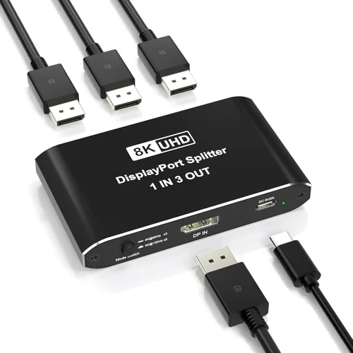 Divisor DisplayPort 1 en 3 salidas, divisor de puerto de pantalla para monitores triples, compatible con DSC de 8K a 60Hz y modo extendido/espejo 4K