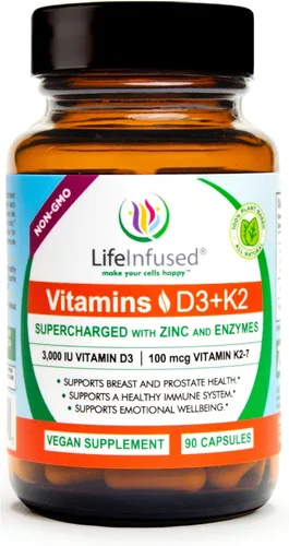 Life Infused Suplemento de vitamina D3 + K2 con zinc y enzimas — 3000 UI D3, MK-7 K2, apoyo inmunológico y óseo, absorción mejorada, cápsulas