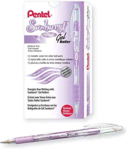 Miniatura 13 de Pentel Sunburst - Bolígrafo de gel metálico, punta media, barril dorado/transparente, tinta dorada, caja de 12 unidades (K908-X)