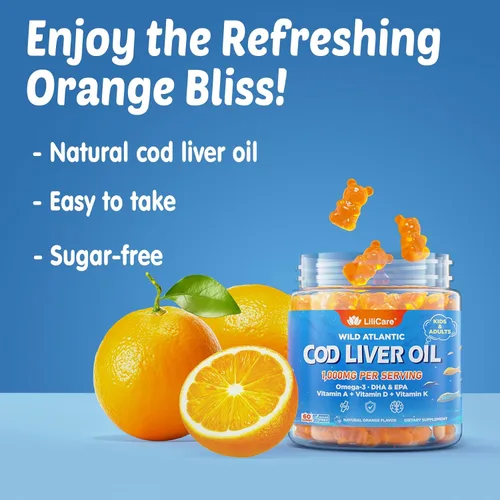 Miniatura 8 de Gomitas de aceite de hígado de bacalao de 1000 mg para niños y adultos, con Omega 3 (EPA y DHA), vitaminas A, D3 y K2, aceite de hígado de bacalao