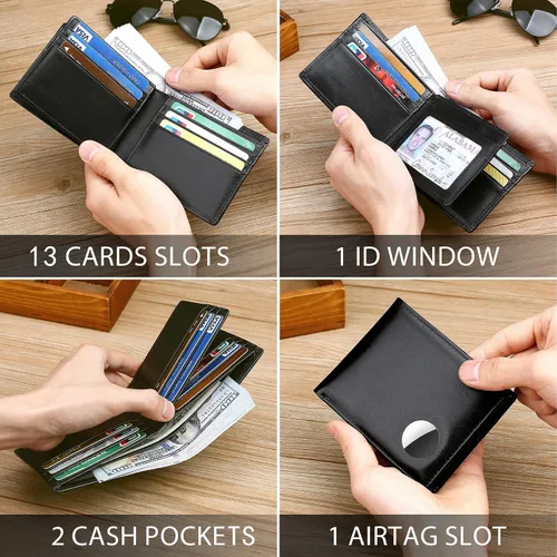 Miniatura 50 de Swallowmall AirTag Billetera para hombre con bloqueo RFID, de piel auténtica, plegable, para AirTag con 1 ventana de identificación, 13 tarjeteros