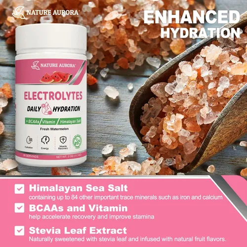 Miniatura 3 de Electrolitos en polvo sin azúcar, polvo de electrolito de sandía fresca, polvo de hidratación, mejorado con sal del Himalaya, BCAA y vitaminas B