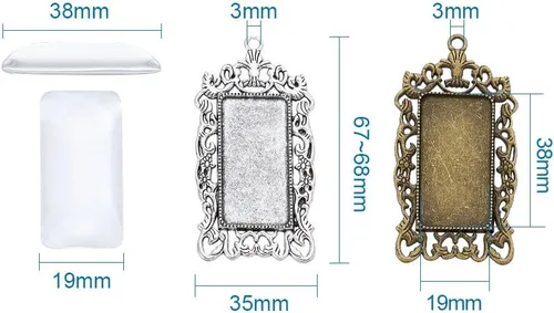 Miniatura 3 de KISSITTY 10 piezas de bandeja colgante rectangular de bronce plateado antiguo en blanco con 10 piezas de azulejos de cúpula de vidrio transparente