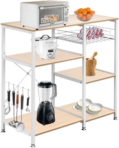 Miniatura 6 de Estante industrial para hornear de cocina con 5 ganchos y cesta de tirar, estante de almacenamiento para microondas, organizador de estación
