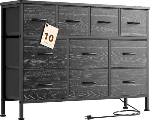 Lulive Cómoda negra de 10 cajones para dormitorio, soporte de TV con toma de corriente, cómoda central de entretenimiento para TV de 55 pulgadas de