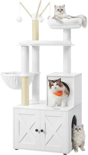 Feandrea Árbol para gatos con caja de arena, torre moderna para gatos de 59 pulgadas, condominio 2 en 1 con postes rascadores, cojín extraíble