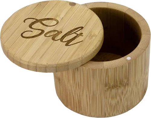 Totally Bamboo Salero de bambú con caja de almacenamiento de bambú y tapa giratoria magnética, capacidad de 6 onzas, grabado de sal en la tapa