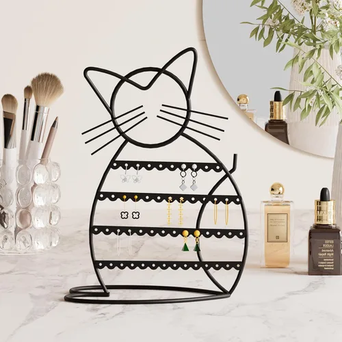 Miniatura 7 de Urban Deco Soporte Organizador de Joyas en Forma de Gato, Organizador de Aretes de Metal con 48 Agujeros para Pendientes, Organizador de Exhibición