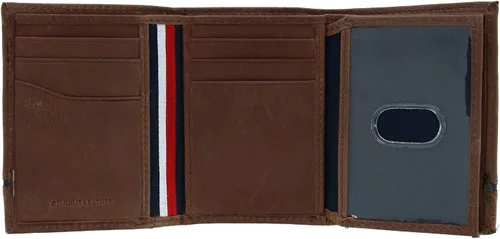 Miniatura 3 de Tommy Hilfiger Cartera de cuero Leif RFID triple con doble identificación para hombre, Marrón, Trifold