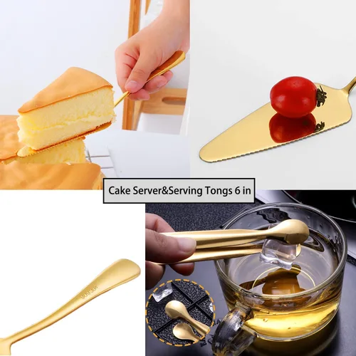 Miniatura 5 de 6 piezas de cubiertos de acero inoxidable, cucharas grandes para servir con ranuras, tenedores, pinzas para hielo y azúcar, servidor de pasteles